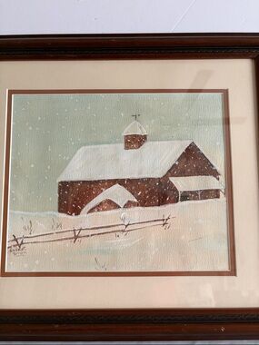 Dark wooden Framed Winter Barn scene Watercolor Art - Brown & Cream signed